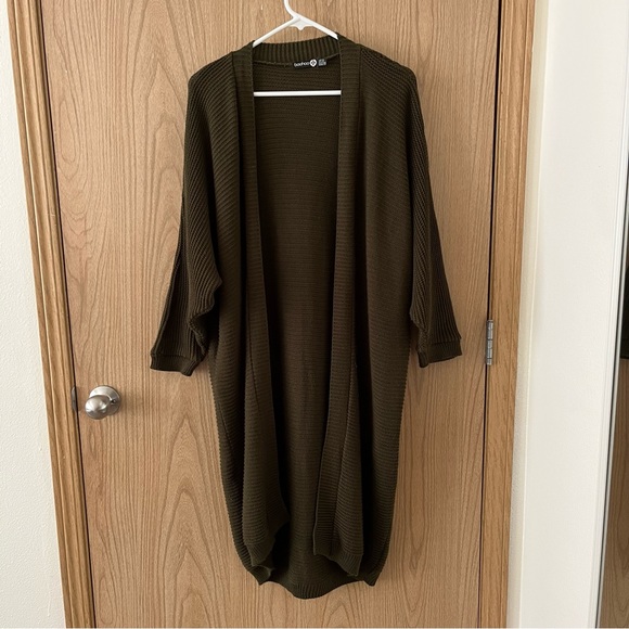 Boohoo Plus Cocoon Oversized Rib Knit Cardigan — Khaki - Picture 2 of 8